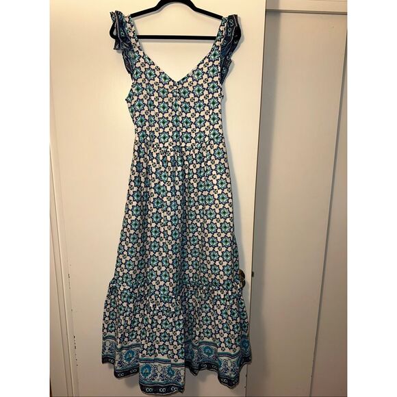 Lucky Brand Small Ruffle Maxi Dress White Green Blue Black Pattern Mandala NWT - Picture 1 of 9